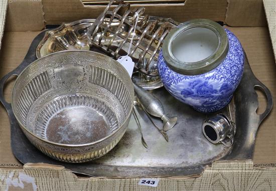 A small quantity of plated ware and a blue and white vase